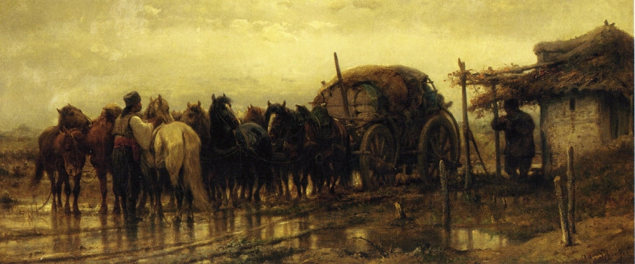 Hitching Horses to the Wagon, vintage artwork by Adolf Christian Schreyer, 12x8" (A4) Poster