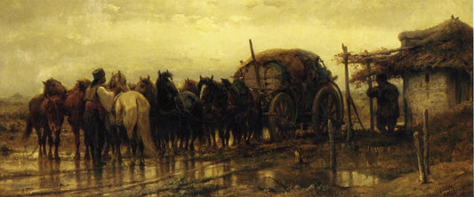 Hitching Horses to the Wagon, vintage artwork by Adolf Christian Schreyer, 12x8" (A4) Poster
