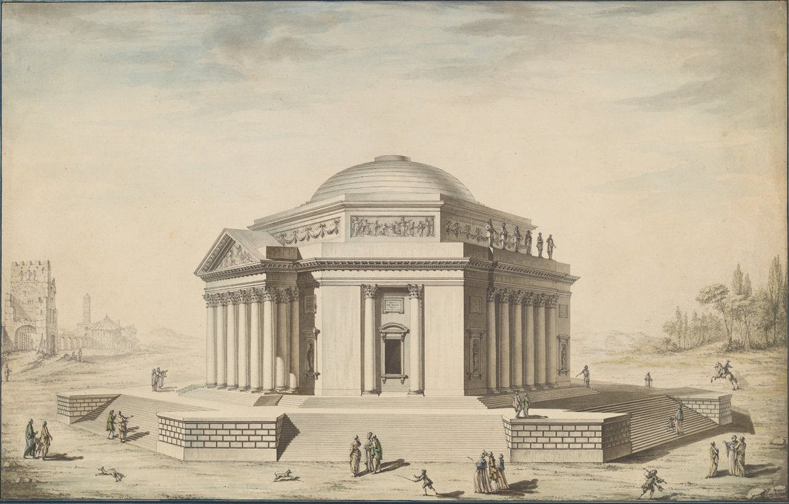 Hexagonal Temple in an Italianate Landscape, vintage artwork by Louis-Gustave Taraval, 12x8" (A4) Poster