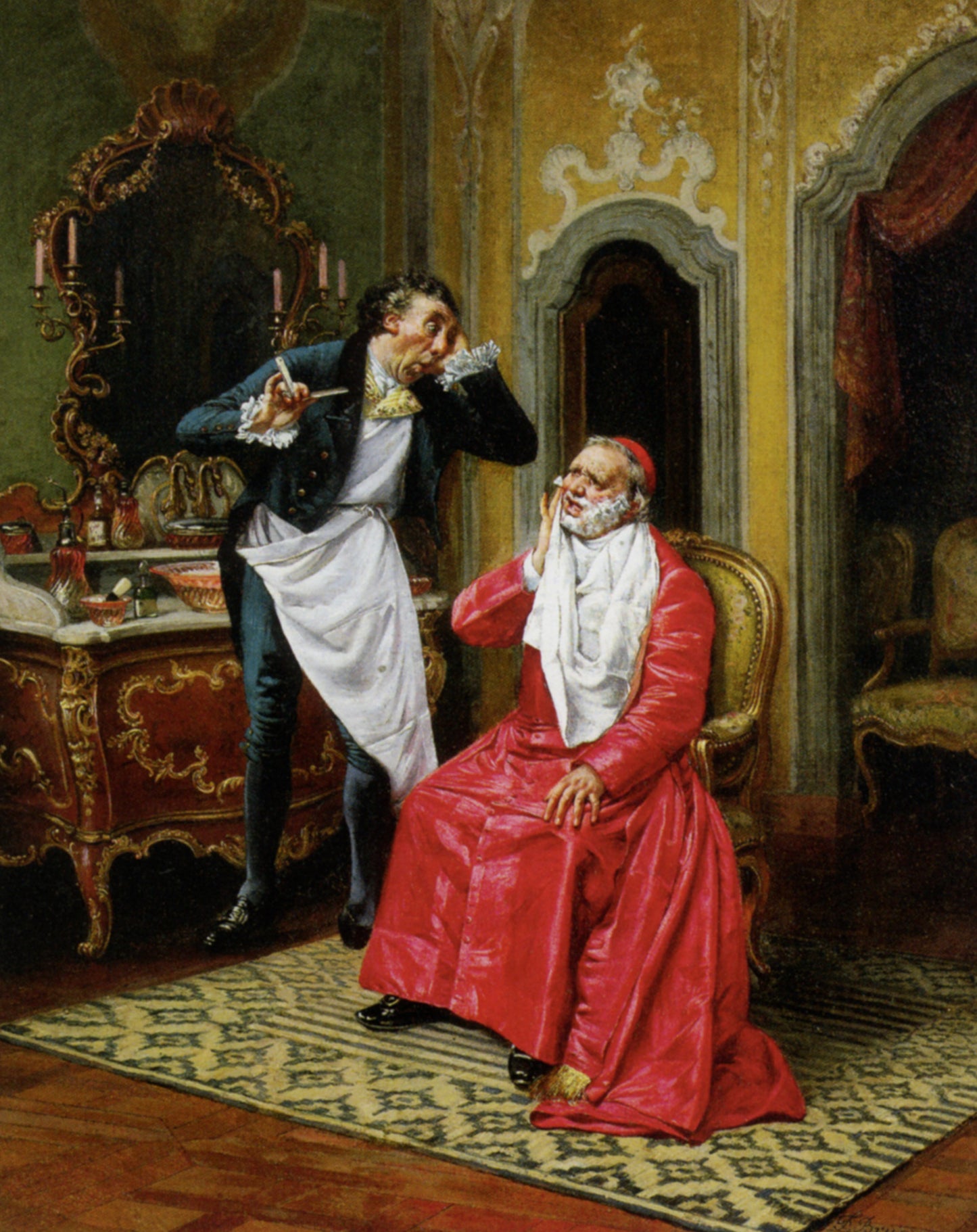 The Awkward Barber, vintage artwork by Francois Brunery, 12x8" (A4) Poster