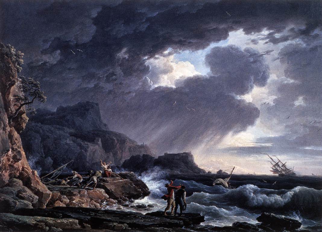 Nocturnal Seastorm, vintage artwork by Claude-Joseph Vernet, 12x8" (A4) Poster