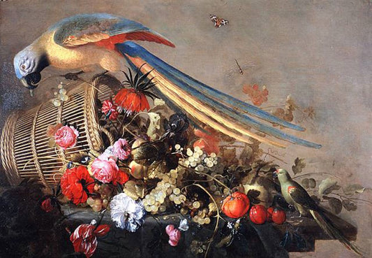Still Life with a Parrot and a Basket of Fruit, vintage artwork by Cornelis de Heem, 12x8" (A4) Poster