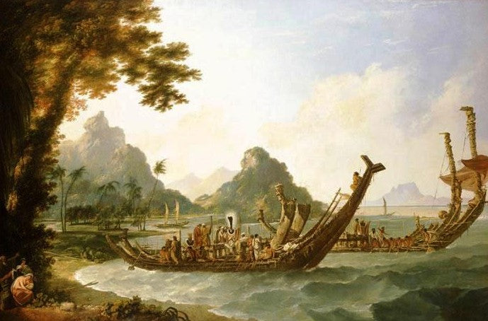 War Boats of Otaheite (with a View of Part of the Harbour of Ohaneneno, April 1774), vintage artwork by William Hodges, 12x8" (A4) Poster