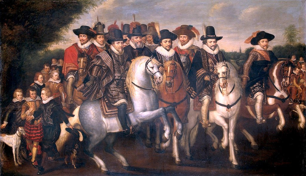 Prince Maurits accompanied by  his two brothers,Frederick V,Elector of the Palatinate,and some counts, vintage artwork by Adriaen van de Venne, 12x8" (A4) Poster