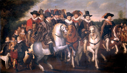 Prince Maurits accompanied by  his two brothers,Frederick V,Elector of the Palatinate,and some counts, vintage artwork by Adriaen van de Venne, 12x8" (A4) Poster