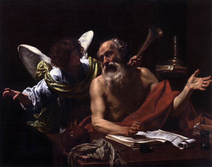 St Jerome and the Angel, vintage artwork by Simon Vouet, 12x8