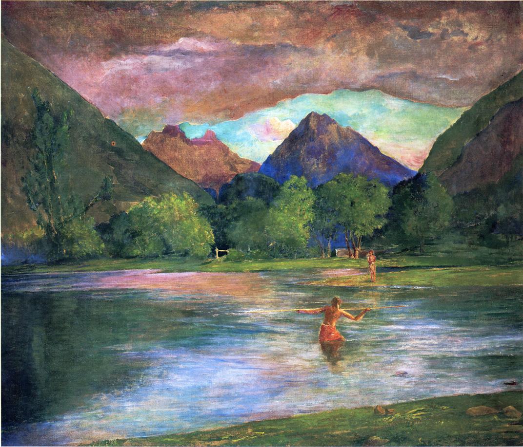 The Entrance to Tautira River, Tahiti. Fisherman Spearing a Fish, vintage artwork by John La Farge, 12x8" (A4) Poster