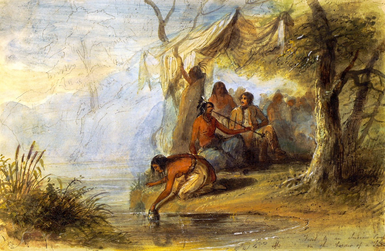 Visit to an Indian Camp on the Border of a Lake, vintage artwork by Alfred Jacob Miller, A3 (16x12") Poster Print