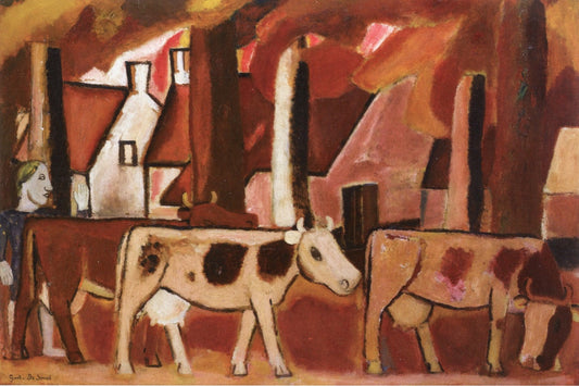 Leading Cows to the Stall, vintage artwork by Gustave de Smet, 12x8" (A4) Poster