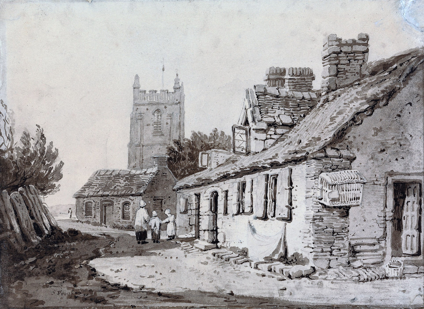 Church and Cottages, vintage artwork by Samuel Prout, 12x8" (A4) Poster