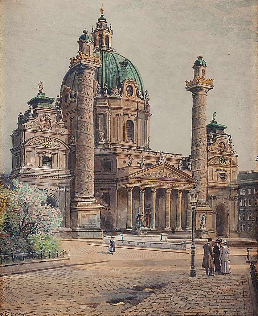 Karlskirche in Wien, vintage artwork by Ernst Graner, 12x8" (A4) Poster