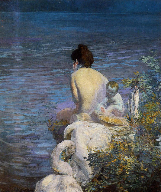 Bather with Child and Swan by  the Sea, vintage artwork by Paul Albert Besnard, 12x8" (A4) Poster