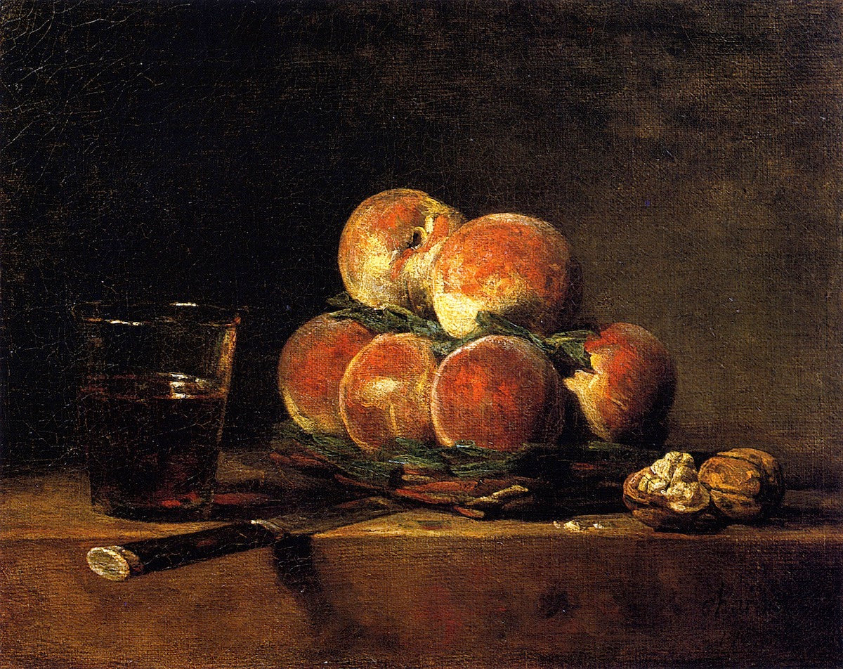 Basket of Peaches with Walnuts, Knife and Glass of Wine, vintage artwork by Jean-Baptiste-Simeon Chardin, 12x8" (A4) Poster