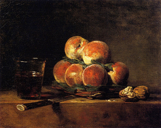Basket of Peaches with Walnuts, Knife and Glass of Wine, vintage artwork by Jean-Baptiste-Simeon Chardin, 12x8" (A4) Poster