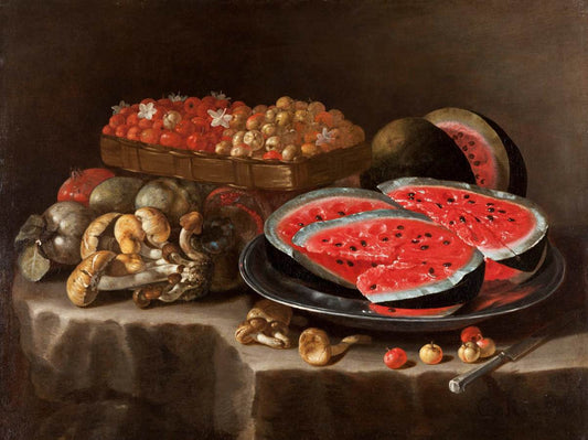 Slices of Watermelon on a Pewter Tray with Mushrooms and Fruit, vintage artwork by Giuseppe Recco, 12x8" (A4) Poster