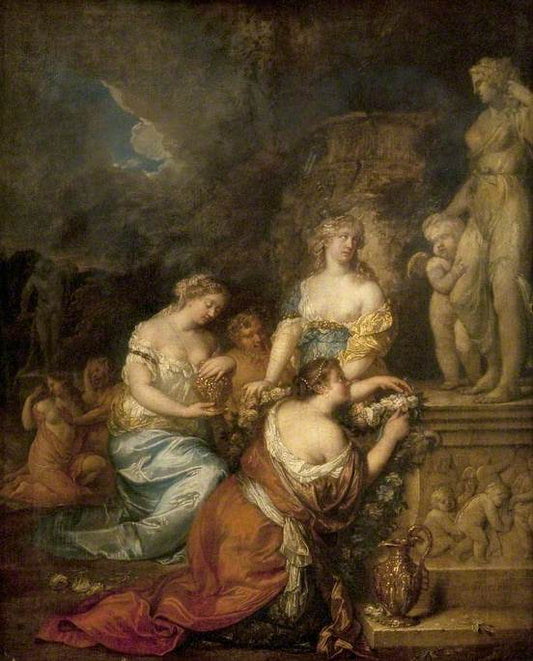 Nymphs Laying Offerings before a Statue of Venus and Cupid, vintage artwork by Constantin Netscher, 12x8" (A4) Poster