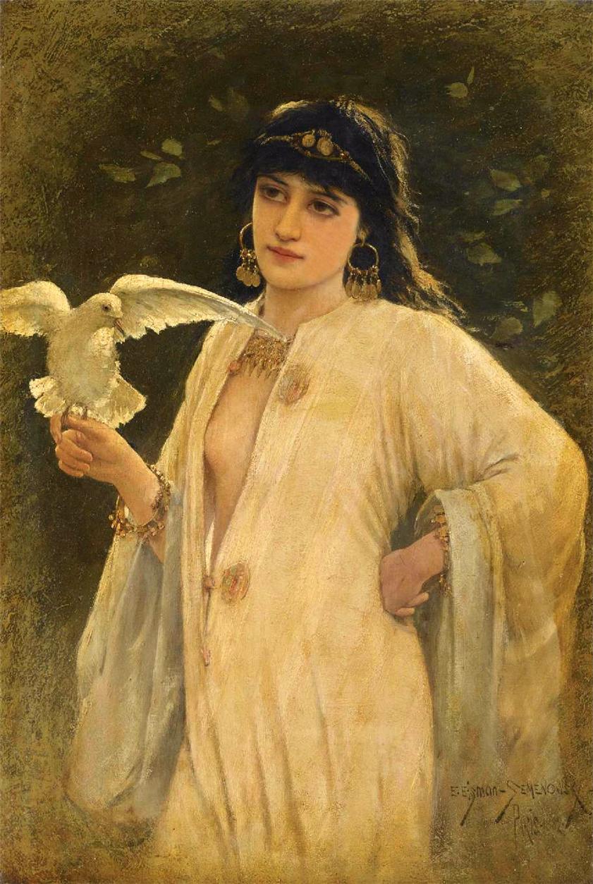 Young Beauty with Dove, vintage artwork by Emile Eisman-Semenowsky, 12x8" (A4) Poster