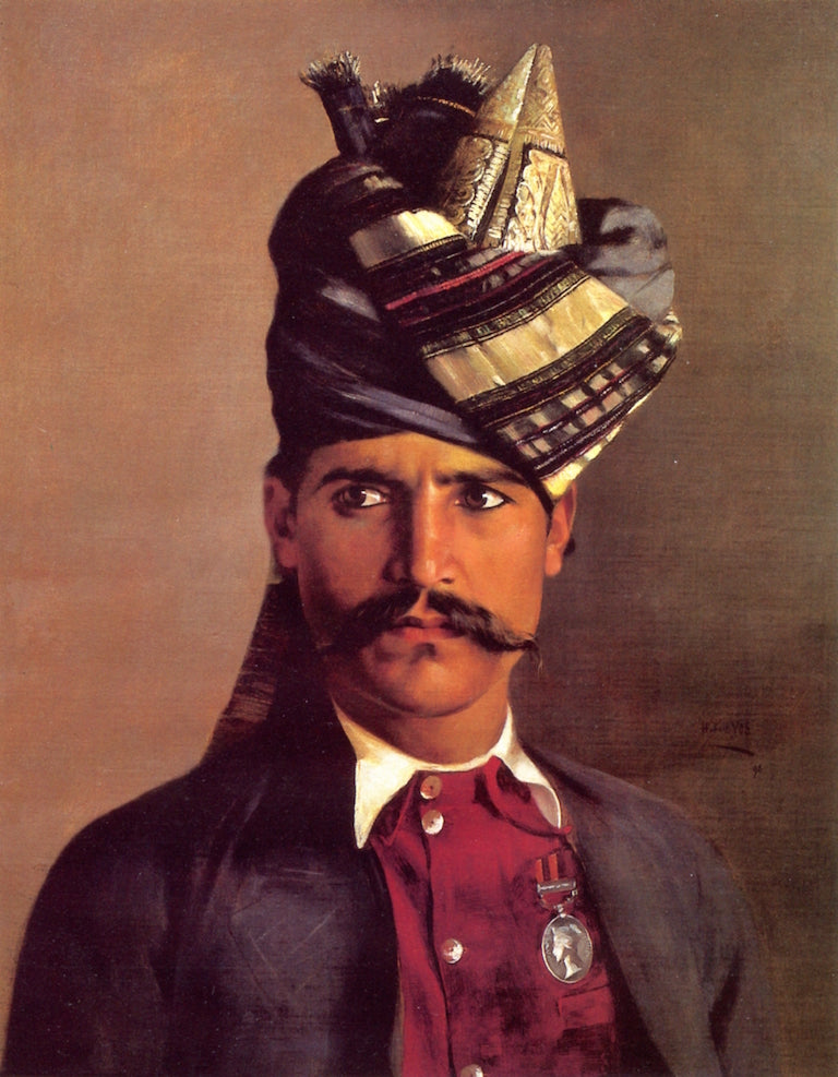 Portrait of a Khattack, buts legnth in a red waistcoat, red jacket and striped turban, vintage artwork by Hubert Vos, 12x8" (A4) Poster