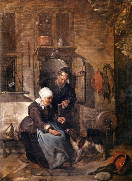 An Old Woman Feeding a Dog, vintage artwork by Gabriël Metsu, 12x8" (A4) Poster