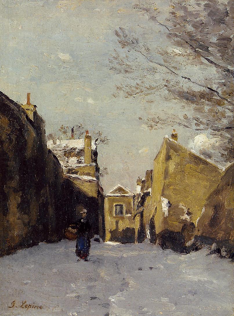 Street in Montmartre, Snow Effect, vintage artwork by Stanislas Lepine, 12x8" (A4) Poster
