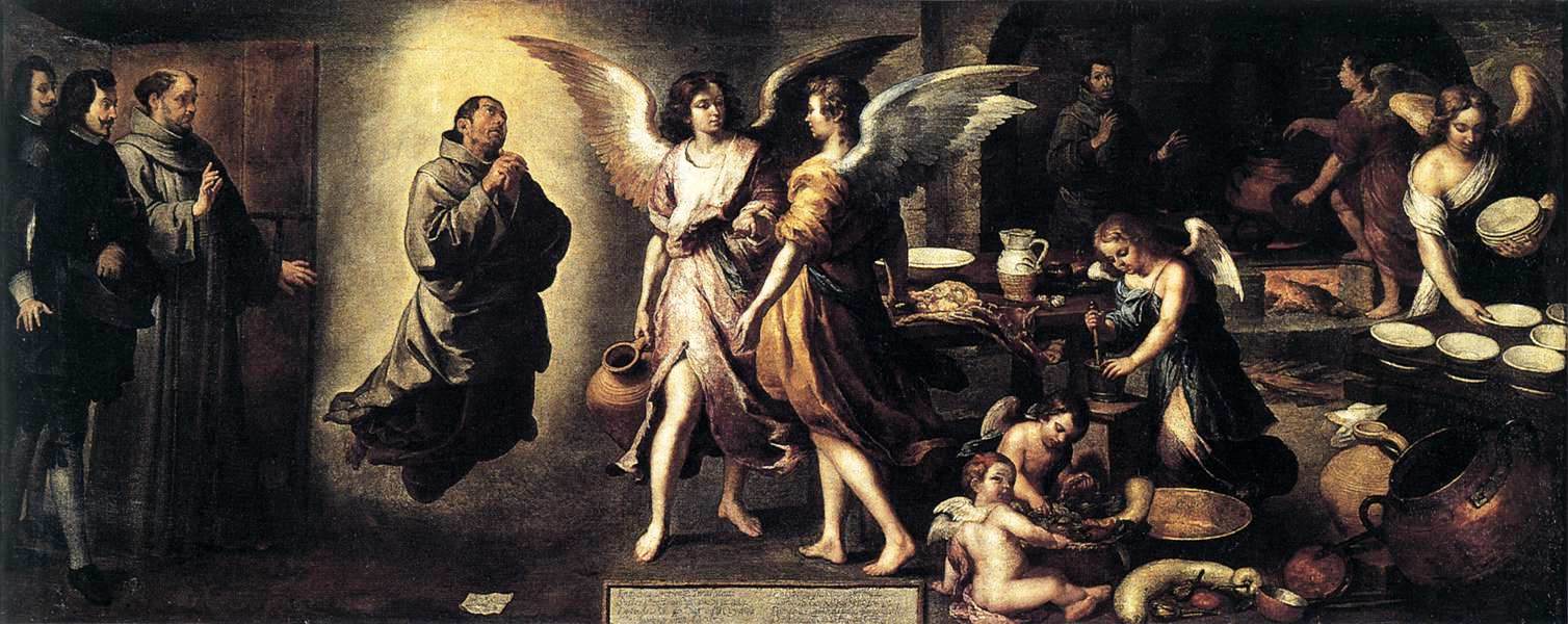 Angels' Kitchen of Saint Diego of Alcalá, vintage artwork by Bartolome Esteban Murillo, 12x8" (A4) Poster