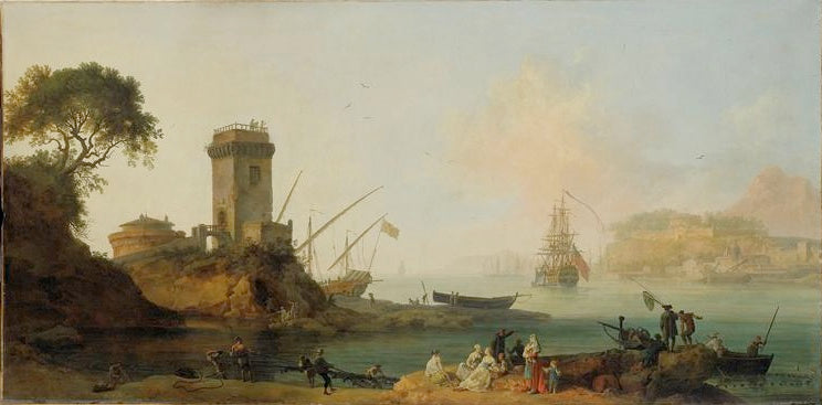 Marine. Interieur d’un port mediterraneen avec une tour, vintage artwork by Pierre-Jacques Volaire, 12x8" (A4) Poster