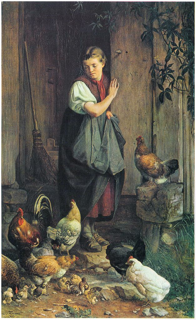 Feeding the Chickens, vintage artwork by Hans Thoma, 12x8" (A4) Poster