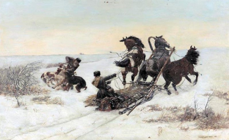 Wolves Attacking the Sleigh, vintage artwork by Bohdan Kleczyński, 12x8" (A4) Poster
