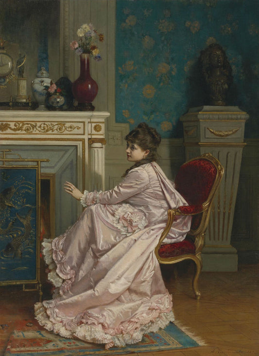 Woman by  a Fireplace, vintage artwork by Auguste Toulmouche, 12x8" (A4) Poster