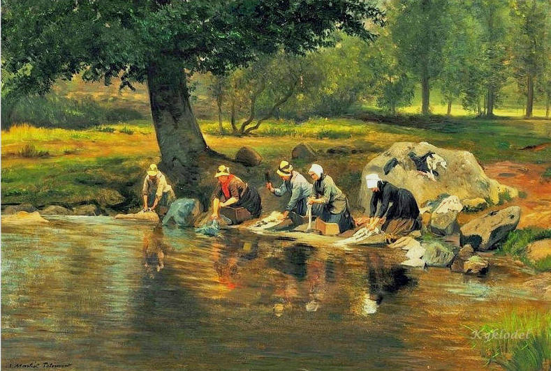 Women washing clothes in the river, vintage artwork by Adolphe Theodore Jules Potemont, 12x8" (A4) Poster