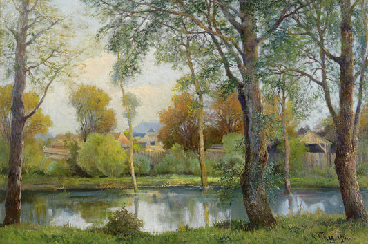 Pond in Radkersburg, vintage artwork by Karl Vikas, 12x8" (A4) Poster