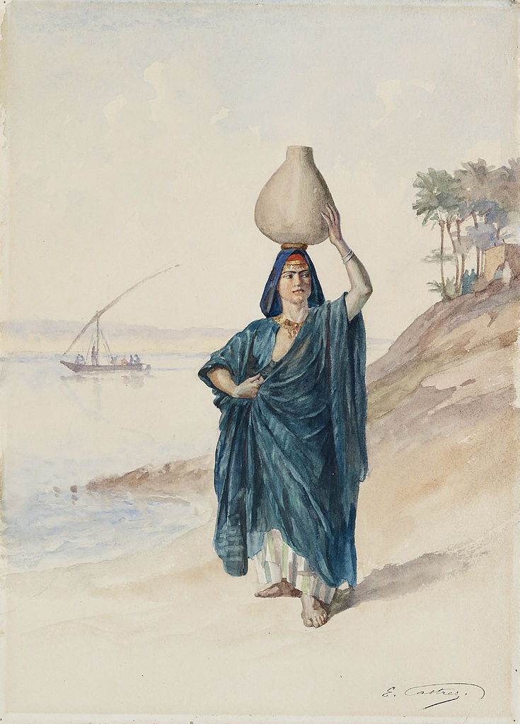 The Water Carrier on the Bank of the Nile, vintage artwork by Edouard Castres, 12x8" (A4) Poster