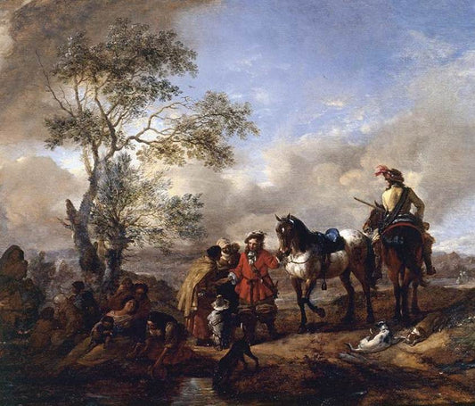 The Halt at a Gypsy Camp, vintage artwork by Philips Wouwerman, 12x8" (A4) Poster
