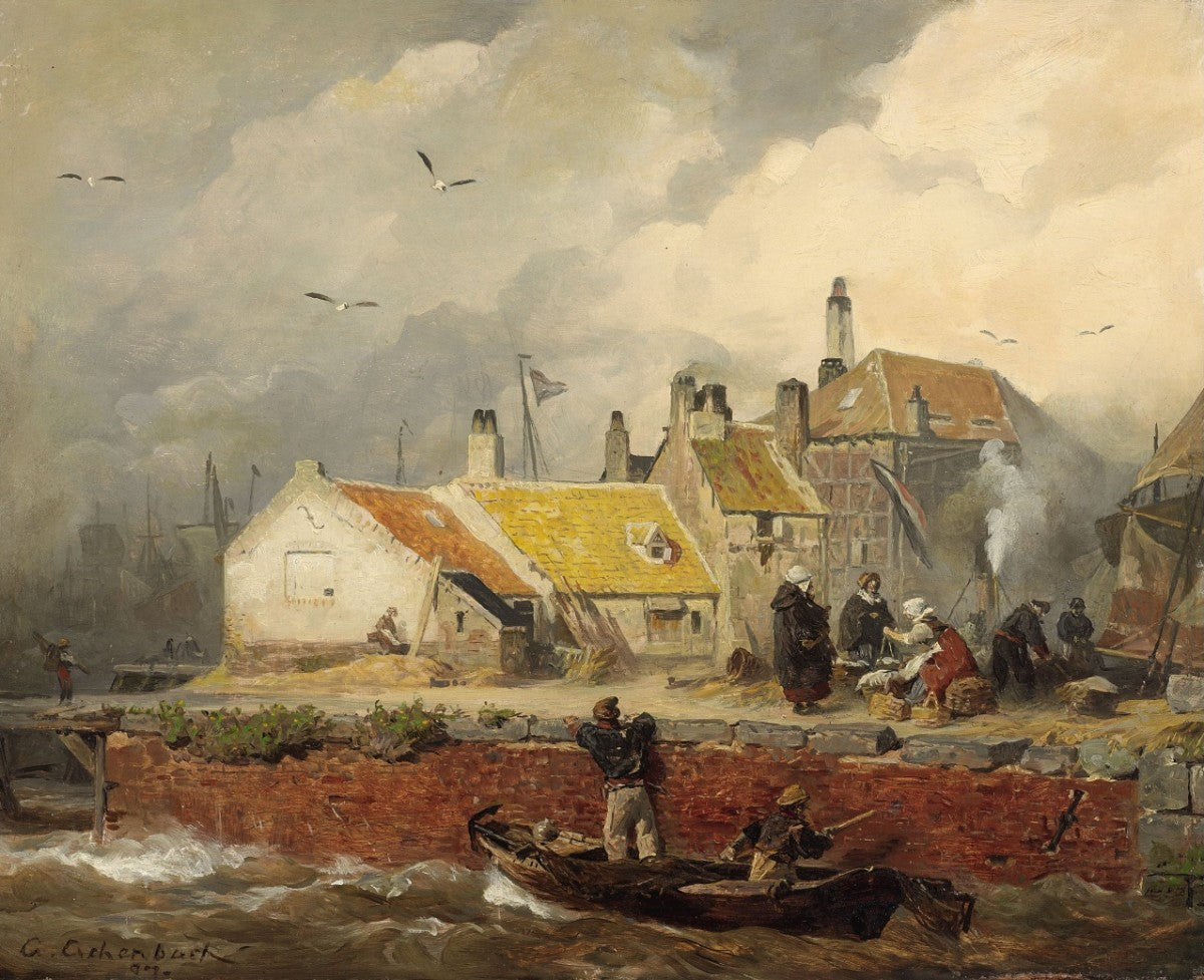 Dutch Coast with Fisher Houses, vintage artwork by Andreas Achenbach, A3 (16x12") Poster Print