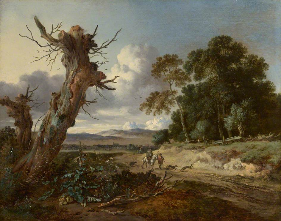 Landscape with Two Dead Trees, Two Sportsmen with Dogs on a Sandy Road, vintage artwork by Jan Wijnants, 12x8" (A4) Poster
