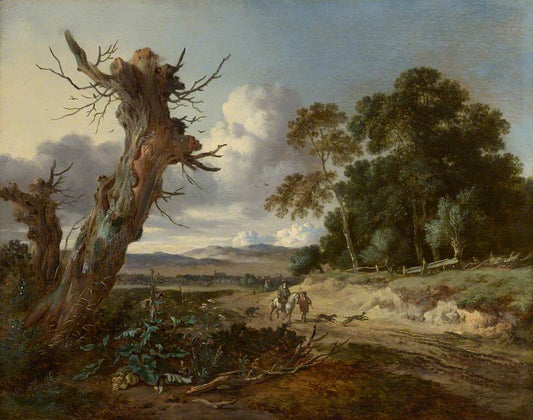 Landscape with Two Dead Trees, Two Sportsmen with Dogs on a Sandy Road, vintage artwork by Jan Wijnants, 12x8" (A4) Poster