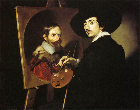 Self-Portrait with a Portrait on an Easel, vintage artwork by Nicolas Regnier, 12x8" (A4) Poster
