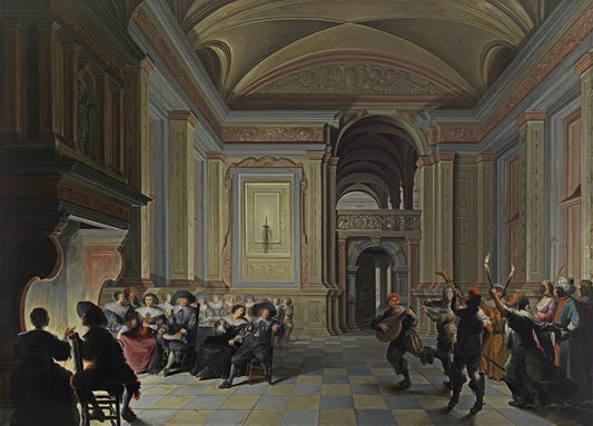 A palatial interior with ladies and gentleman feasting, entertained by  Carnival mummers, vintage artwork by Dirck van Delen, 12x8" (A4) Poster