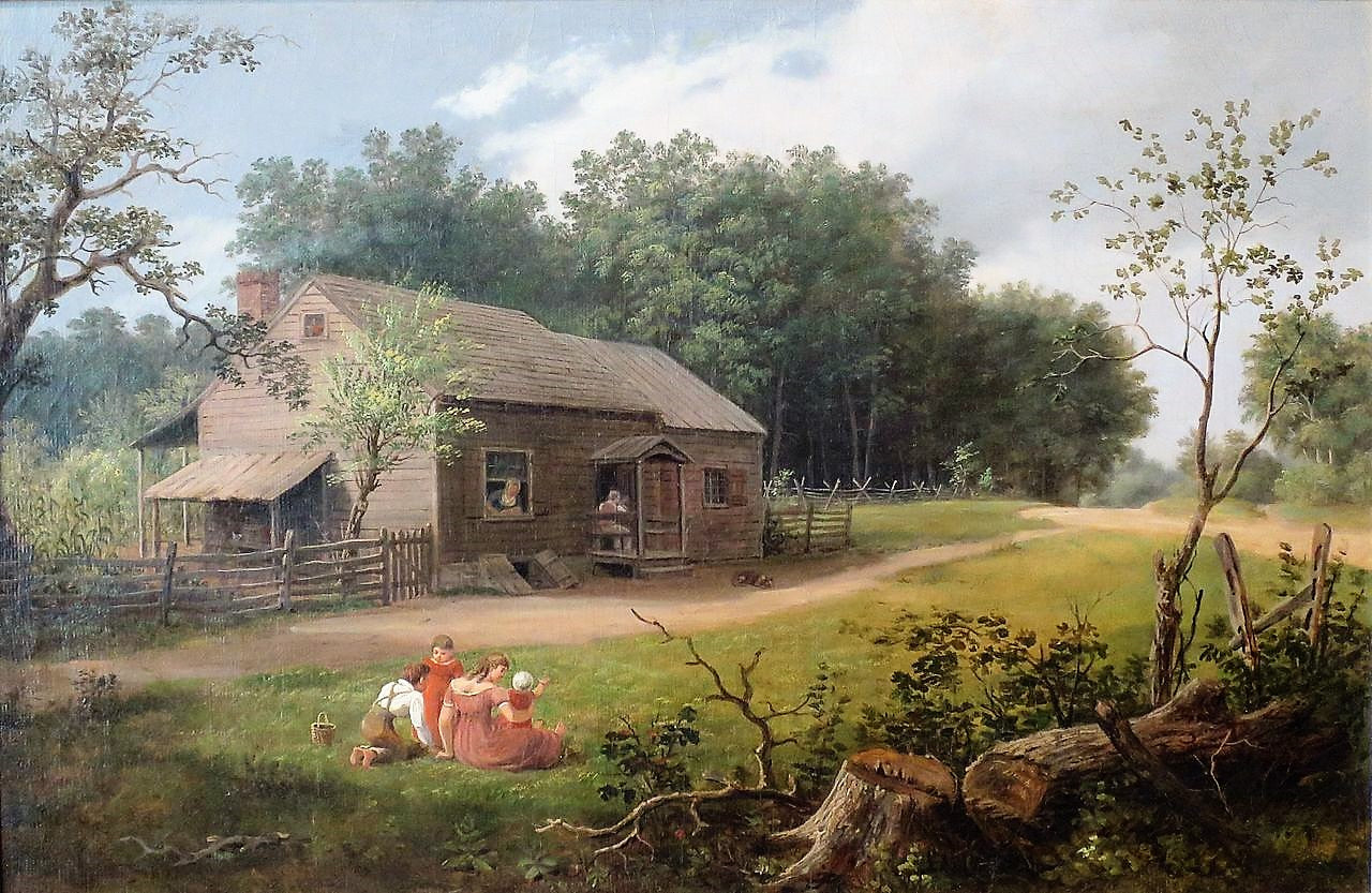 Cabin with Children Playing, vintage artwork by Thomas Birch, 12x8" (A4) Poster