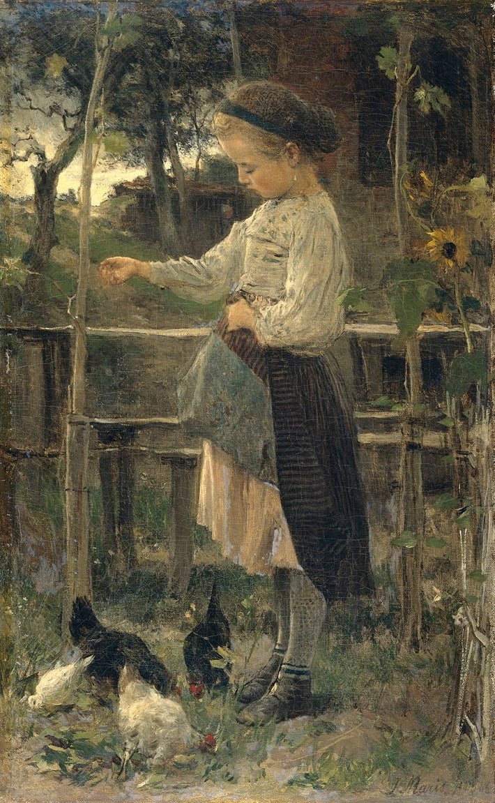 Feeding chicks, vintage artwork by Jacob Maris, 12x8" (A4) Poster