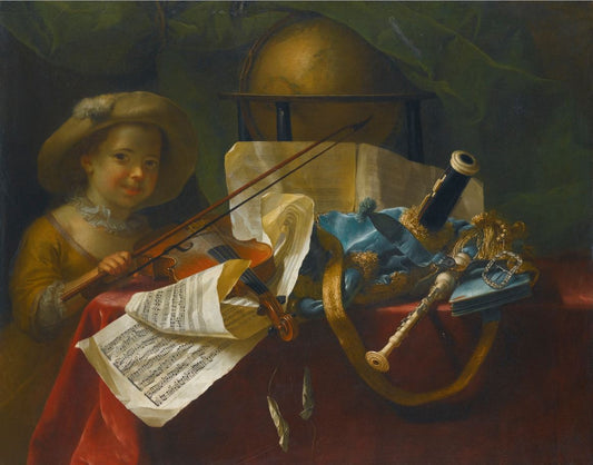A still life of pipes, a globe, an engraved musical score of a French overture and a violin, vintage artwork by Nicolas Henri Jeaurat de Bertry, 12x8" (A4) Poster