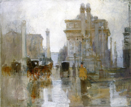 After the Rain, the Dewey Arch, Madison Square Park, vintage artwork by Paul Cornoyer, 12x8" (A4) Poster