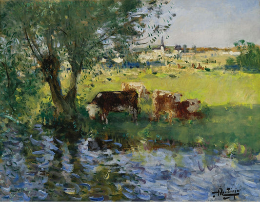 Cows in the Willow's Shade, vintage artwork by Pierre-Eugène Montezin, 12x8" (A4) Poster