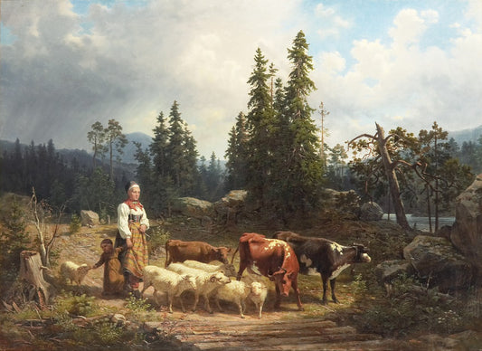 Girl with herd in landscape, vintage artwork by Nils Andersson, A3 (16x12") Poster Print