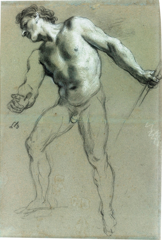 Standing Male Nude Facing Left, Holding a Staff, vintage artwork by Louis de Boullogne the Younger, 12x8" (A4) Poster