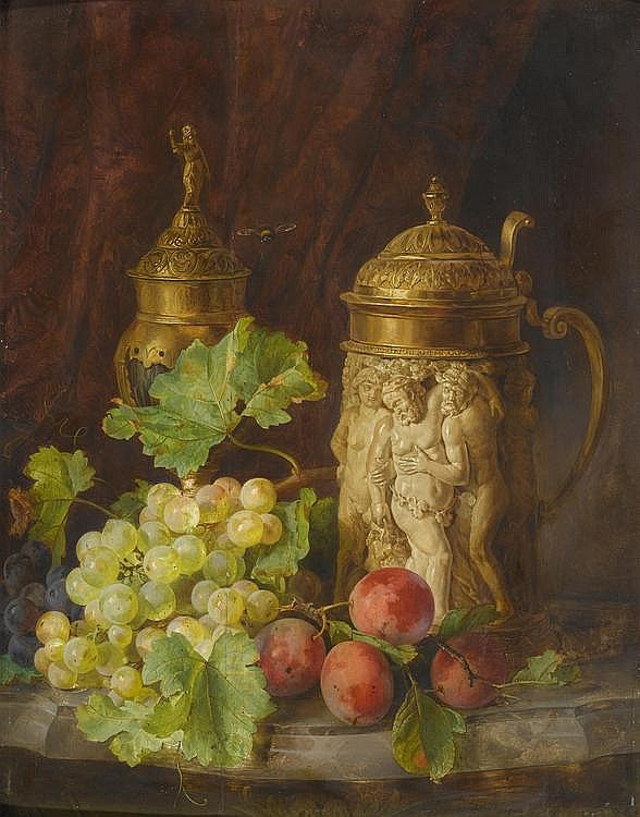 Still life with fruits and grand chalices, vintage artwork by Andreas Lach, A3 (16x12