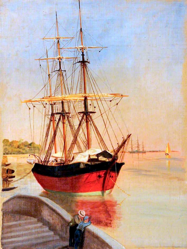 Sailing Ship by  the Ponte Veneta Marina, Venice, vintage artwork by John Wharlton Bunney, 12x8" (A4) Poster