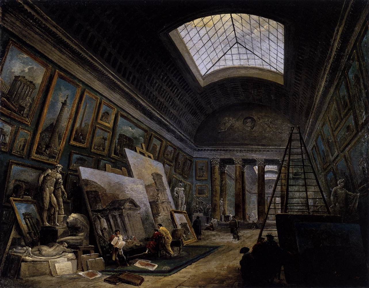 Imaginary View of the Grande Galerie in the Louvre, vintage artwork by Hubert Robert, 12x8" (A4) Poster