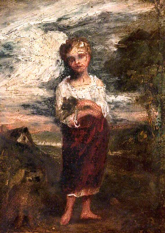 Girl Standing in a Landscape Holding a Newborn Lamb, vintage artwork by Thomas Barker, 12x8" (A4) Poster