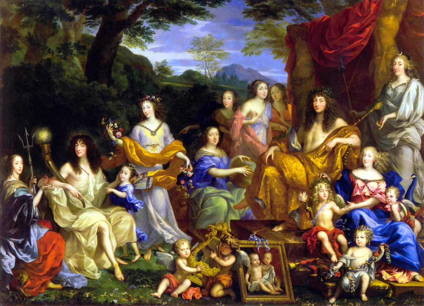 Mythological portrait of the Family of Louis XIV, vintage artwork by Jean Nocret, 12x8" (A4) Poster